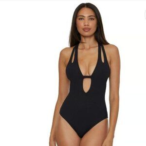 Becca Women's Modern Edge Textured Plunging-Neck Swimsuit Black Size L